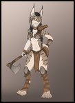 anthro axe ear_piercing ear_ring female piercing ring_piercing solo tribal spectronic mira_(spectronic) felid feline lynx mammal hi_res