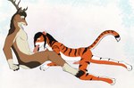 abs anthro antlers black_hair bodily_fluids brown_body brown_eyes brown_fur crawling duo erection facing_each_other fur fur_pattern genital_fluids genitals green_eyes hair hooves horn male male/male muscular open_mouth oral orange_body orange_fur paws penile_spines penis precum sex simple_background sitting striped_body striped_fur stripes tail tongue white_body white_fur tuka preda ruscal cervine deer felid mammal pantherine tiger 2013 digital_drawing_(artwork) digital_media_(artwork) hi_res