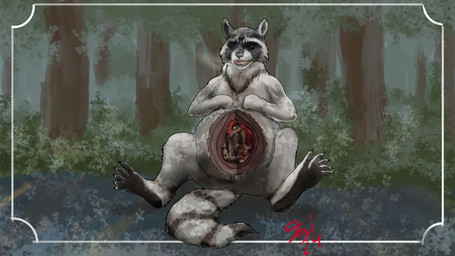 anthro belly big_belly black_body black_fur detailed_background duo feet forest forest_background fur grey_body grey_fur inside_stomach internal male male/male nature nature_background open_mouth outside plant raccoon_tail rail red_body red_fur red_text sitting smile teeth text tongue tree vore white_body white_fur yellow_eyes jeri_kleinlowe mammal procyonid raccoon species_request 16:9 2024 colored hi_res signature widescreen