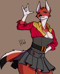 anthro belt big_breasts blue_eyes breasts clothing eyelashes eyeshadow female half-closed_eyes makeup narrowed_eyes skirts solo thick_thighs haibet shkurka canid canine canis ethiopian_wolf jackal mammal wolf 2021 absurd_res digital_media_(artwork) half-length_portrait hi_res portrait