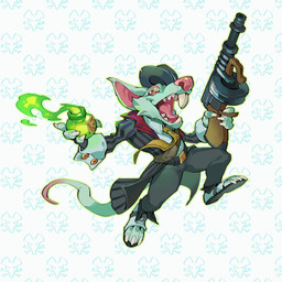 anthro belt black_tie_(suit) bottomwear buckteeth claws clothing crazy_eyes fangs footwear fur green_body green_fur gun holding_object holding_weapon jumping looking_at_viewer male midair necktie open_mouth open_smile pants pattern_background ranged_weapon rat_tail sharp_teeth shoes simple_background smile solo suit tail teeth tongue weapon white_background bluecard916 league_of_legends riot_games tencent crime_city_twitch twitch_(lol) mammal murid murine rat rodent 1:1 2025 hi_res