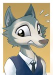 anthro bodily_fluids clothed clothing male necktie simple_background snout solo sweat sweatdrop toony dori-to beastars legoshi_(beastars) canid canine canis mammal wolf absurd_res hi_res