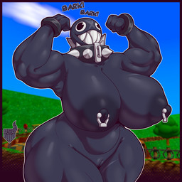 big_breasts big_butt big_nipples black_body black_eyes black_nipples bracelet breasts butt collar female genitals glistening glistening_body huge_breasts huge_butt jewelry muscular muscular_female nipples nude scar solo spikes teeth text thick_thighs vulva wide_hips dieseldoden mario_bros nintendo gigi_(thecoatl034) chain_chomp humanoid 1:1 2026 digital_media_(artwork) english_text hi_res watermark