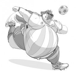 action_pose anthro ball bared_teeth belly belly_peeking_out big_belly clothing hair huge_belly huge_thighs knee_highs legwear male morbidly_obese morbidly_obese_anthro morbidly_obese_male muffin_top obese obese_anthro obese_male overweight overweight_anthro overweight_male pose running soccer_ball soccer_jersey soccer_uniform solo sportswear tail teeth thick_thighs uniform wwwonderpuff luke_santos canid canine canis domestic_dog german_shepherd herding_dog mammal pastoral_dog 1:1 2025 digital_drawing_(artwork) digital_media_(artwork) hi_res monochrome signature