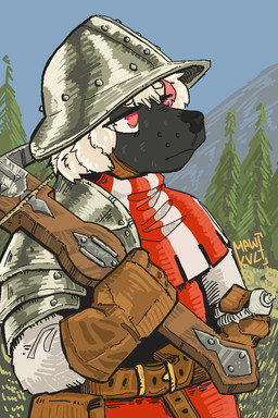 anthro armor armor_plates belt belt_buckle belt_pouch black_body black_fur bottomwear buckle clothed clothed_anthro clothed_male clothing crossbow forest fur gloves grass hair handwear headgear helmet male mountain pants plant ranged_weapon scarf shirt solo topwear tree weapon wearing_helmet white_hair mawkvlt 2:3 hi_res