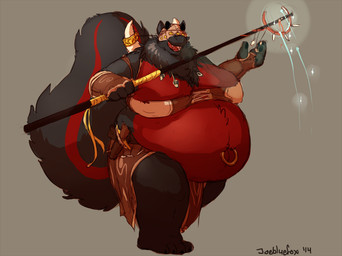 ambiguous_gender anthro belly big_belly big_moobs blindfold bottomwear bra chest_wraps clothing feet fluffy fluffy_tail gold_(metal) gold_jewelry holding_object holding_weapon horn jewelry loincloth magic_user male moobs navel navel_piercing navel_ring open_mouth overweight overweight_male piercing ribbons ring_piercing solo staff strapless_bra strapless_clothing strapless_underwear stripes tail thick_thighs underwear wand weapon wraps joebluefox ambiguous_species