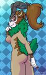 anthro anthrofied breasts butt butt_pose female fur hair horn leaf looking_at_viewer looking_back nude pokemorph pose rear_view simple_background smile solo 11natrium nintendo pokemon bovid caprine generation_6_pokemon goat gogoat mammal pokemon_(species) 2019 absurd_res digital_media_(artwork) hi_res