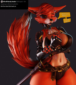 anthro big_breasts bra breasts clothing crossgender cutlass ear_piercing eye_patch eyes_closed eyewear facial_piercing female fingers fluffy fluffy_tail fur jewelry machine melee_weapon mtf_crossgender nose_piercing piercing pirate red_body red_fur solo sword tail talking_to_viewer text thick_thighs underwear weapon anaroth mayosplash_(modeler) five_nights_at_freddy's scottgames twitter foxy_(fnaf) animatronic canid canine fox mammal robot 2025 3d_(artwork) digital_media_(artwork) english_text hi_res