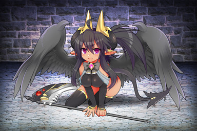 black_wings blue_eyes blush breasts clothing cute_fangs ear_piercing ear_ring fangs feathered_wings feathers female horn humanoid_pointy_ears looking_at_viewer melee_weapon not_furry open_mouth piercing pointy_ears polearm ring_piercing scythe smile solo tail tan_body teeth weapon white_tail wings mofuaki humanoid winged_humanoid 2015 3:2