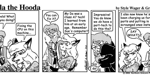 anthro beard breasts computer dialogue dipstick_ears duo ear_markings electronics eyewear facial_hair female glasses gloves_(marking) male markings multicolored_ears soldering_iron text style_wager dela_the_hooda dela_aldershaw frank_dunn canid canine fox hooda human mammal 2002 comic english_text greyscale monochrome