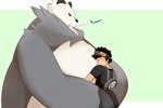 3:2 96_gatefield accessory anthro arms_around_partner backpack belly big_belly clothing duo embrace generation_6_pokemon headband hug human looking_down male male/male mammal nintendo overweight overweight_anthro overweight_male pangoro pokemon pokemon_(species) size_difference smaller_male