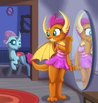 anthro blue_eyes blush bottomwear clothing doorway duo fangs female feral horn membrane_(anatomy) membranous_wings mirror one-piece_swimsuit reflection rug sarong skirt standing swimwear tail teeth wings sirzi friendship_is_magic hasbro my_little_pony mythology ocellus_(mlp) smolder_(mlp) arthropod changeling dragon mythological_creature mythological_scalie reformed_changeling scalie absurd_res hi_res