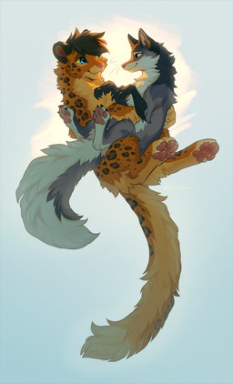 4_toes black_hair blue_eyes cute_fangs eye_contact fangs feet feral fluffy fluffy_tail fur grey_body grey_fur hair long_tail looking_at_another markings multicolored_body multicolored_fur pawpads paws pink_pawpads simple_background smile spots spotted_body spotted_fur tail teeth toes yellow_body yellow_fur hioshiru hioshiru_(character) leo_(amur_leo) canid canine enfield felid fox hybrid leopard mammal pantherine 2022 digital_media_(artwork) hi_res shaded