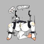 ankles_tied anthro anus bdsm black_text bodily_fluids bondage bound consent_themes cum cum_drip cum_in_ass cum_in_pussy cum_inside dripping explicitly_stated_consent female fur genital_fluids genitals glory_hole grey_background heart_symbol hooves humanoid_genitalia humanoid_pussy orange_body orange_fur orange_hooves orange_pussy public_use pussy simple_background solo spread_legs spreading tail tail_tuft text through_wall tuft unguligrade white_body white_fur boyclussy roe_(boyclussy) alien alpaca camelid mammal 1:1 2022 absurd_res digital_drawing_(artwork) digital_media_(artwork) english_text flat_colors handwritten_text hi_res trans_(lore) trans_man_(lore)