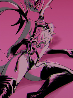 4_eyes 4_fingers anthro beak black_beak black_clothing black_panties black_underwear chest_tuft choker clothing clothing_pull eyeshadow feather_hair feather_tuft feathers fingers fluffy fluffy_chest garter_straps grey_body grey_feathers half-closed_eyes harness heart_symbol jewelry legwear lingerie lying makeup male mascara multi_eye narrowed_eyes necklace on_back open_mouth open_smile panties pink_background pose pseudo_hair pubes pubic_feathers simple_background smile solo stockings straps tail tail_feathers text thigh_highs tongue tuft underwear osya_ban hellaverse helluva_boss stolas_(helluva_boss) avian bird demon owl owl_demon 3:4 artist_name hi_res portrait signature three-quarter_portrait