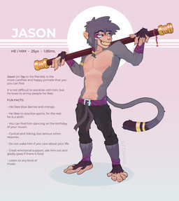 accessory anthro clothed clothing fangs fur furgonomics green_eyes grey_body grey_fur male piercing skinny smile solo tail tail_accessory teeth text topless weapon jayzac jason_(gzdraws) wukong haplorhine humanoid mammal monkey primate absurd_res english_text hi_res model_sheet
