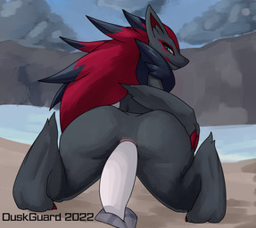 almost_fully_inside ambiguous_gender anal anal_vore anthro anus blue_eyes butt claws duo female female/ambiguous fur grey_body grey_fur hair living_insertion looking_at_viewer looking_back partially_inside rear_view red_hair vore duskguard nintendo pokemon generation_5_pokemon generation_9_pokemon pokemon_(species) wiglett zoroark hi_res