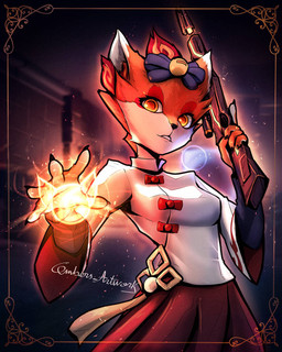 anthro asian_clothing bell bow_ribbon clothing east_asian_clothing elemental_manipulation eyeshadow female fire fire_manipulation fur gun japanese_clothing jingle_bell makeup miko_outfit nails orange_body orange_eyes orange_fur ranged_weapon red_eyeshadow rifle sniper_rifle solo tail weapon white_body white_fur emberartworks gunfire_reborn li_(gunfire_reborn) canid canine fox mammal 4:5