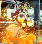 anthro areola armor big_breasts big_butt bottomwear breasts brown_areola brown_nipples butt clothing cybernetics exposed_brain exposed_breasts fingernails fire glistening glistening_body glistening_breasts glistening_nipples glistening_skin glowing glowing_eyes gynomorph halftone halftone_background headgear huge_breasts huge_butt intersex lips long_fingernails long_skirt machine monster_girl_(genre) nails nipples outstretched_arms parted_lips pattern_background pose robot_joints robotic simple_background sitting skirt smile solo sparks spread_arms white_body white_skin yokozuwari adoggoart doom_(series) doom_eternal id_software microsoft khan_maykr alien alien_humanoid angel humanoid maykr 2020 hi_res