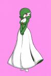 2:3 absurd_res big_breasts blush breasts cleavage clothed clothing eyelashes female full-length_portrait gardevoir generation_3_pokemon green_hair hair hi_res kewon looking_at_viewer nintendo not_furry pink_background pokemon pokemon_(species) portrait red_eyes simple_background smile solo standing