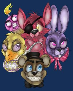 anthro eye_patch eyewear group hook machine a7xsparx five_nights_at_freddy's scottgames bonnie_(fnaf) chica_(fnaf) cupcake_(fnaf) foxy_(fnaf) freddy_(fnaf) animatronic avian bear bird canid canine chicken fox galliform lagomorph leporid mammal phasianid rabbit robot 2015 alpha_channel digital_media_(artwork) hi_res