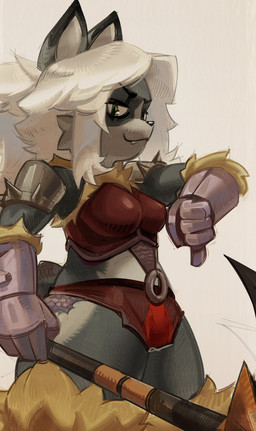 anthro armor black_body breasts cheek_tuft facial_tuft fangs female gesture green_eyes hair hand_gesture holding_object holding_weapon medium_breasts multicolored_body smile solo teeth thick_thighs thumbs_down tuft unconvincing_armor weapon white_hair fenceil atlyss poon_(atlyss) 2025 hi_res