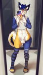 abs animal_genitalia anthro balls claws clothing crop_top electronics fluffy fluffy_tail fully_sheathed genitals inner_ear_fluff legwear looking_at_viewer male mirror_selfie phone selfie sheath shirt smile solo standing tail thick_thighs thigh_highs topwear tuft rexwind canid canine mammal hi_res