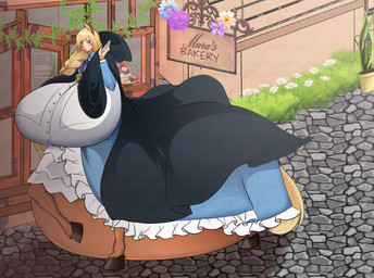 belly belly_on_ground big_belly big_breasts blonde_hair blue_eyes braided_hair breasts brown_body brown_fur cloak clothed clothed_taur clothing dress female fur gesture hair hooves horse_ears horse_tail huge_belly huge_breasts hyper hyper_belly hyper_pregnancy outside pregnant pregnant_female pregnant_taur ribbons solo standing taur_lower_pregnancy town waving waving_at_viewer mierru european_mythology greek_mythology mythology estelle_bellegarde centaur equid equid_taur humanoid_taur mammal mammal_taur taur absurd_res hi_res