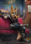 anthro clothed clothing detailed_background eyewear footwear goggles inside_train jacket male sitting solo topwear lepricon canid canine canis coyote mammal hi_res