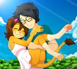 accessory adolescent anthro black_hair blush bridal_carry brown_hair butt carrying_another clothed clothing cloud countershading day detailed_background dress duo eyes_closed eyewear female footwear fur glasses hair hair_accessory happy hug light male nature orange_body orange_fur partially_clothed paws plant romantic romantic_couple socks sunlight tree young young_anthro young_female piporete jin_yorushika keiko_sakmat felid feline human lion mammal pantherine digital_media_(artwork) hi_res signature