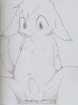 anthro balls bottomless city clothed clothing erection genitals larger_young look_down macro male nude penis size_difference solo young young_anthro kuruitty lagomorph leporid mammal rabbit hi_res monochrome