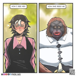 banana black_hair blush brown_body brown_fur clothing collared_shirt dark_body dark_skin dress_shirt duo ear_piercing ear_ring emanata female feral food fruit fur hair hands_behind_back highlights_(coloring) lips male narrowed_eyes open_mouth piercing plant pouting ring_piercing shirt short_hair simple_background text thick_lips topwear undersized_clothing white_highlights eijie_nutz ape haplorhine human mammal orangutan primate digital_drawing_(artwork) digital_media_(artwork) hi_res