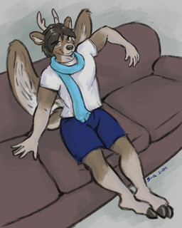 anthro antlers bottomwear brown_body brown_hair clothing feathered_wings feathers furniture hair hooves horn male scarf shirt shorts small_tail sofa solo t-shirt tail topwear wings s-q lucan_(golddrake) deer mammal 4:5 absurd_res hi_res