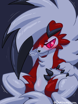 anthro black_background black_body black_fur blush cheek_tuft digitigrade ellipsis embarrassed facial_tuft floppy_ears fur glistening glistening_body glistening_fur hand_on_leg looking_aside motion_lines multicolored_body multicolored_fur red_body red_eyes red_fur simple_background sitting solo text thick_thighs tuft white_body white_fur conditional_dnp delphoxiscool nintendo pokemon generation_7_pokemon lycanroc midnight_lycanroc pokemon_(species) 3:4 artist_name digital_drawing_(artwork) digital_media_(artwork) hi_res