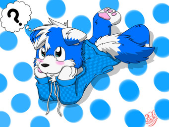 anthro blue_body blue_ears blue_fur blue_hair blue_tail_tip blush bottomless clothed clothing cute_fangs dipstick_ears dipstick_tail dotted_background ear_markings fangs floppy_ears fur hair hoodie looking_aside male markings multicolored_body multicolored_ears multicolored_fur multicolored_hair pattern_background pawpads pink_pawpads question_mark simple_background solo tail tail_markings teeth thought_bubble topwear two_tone_body two_tone_ears two_tone_fur two_tone_hair white_body white_ears white_fur white_hair gaokun gao_(gaokun) border_collie canid canine canis collie domestic_dog herding_dog hybrid mammal nordic_sled_dog pastoral_dog samoyed sheepdog spitz 2012 4:3 watermark