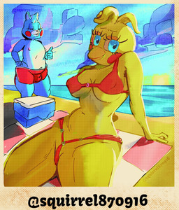 anthro beach beach_towel beak bikini blue_body blue_eyes bottomwear bra breasts bulge clothing cloud cooler dolphin_shorts duo eyelashes female femboy gesture hand_gesture ice_box kneeling machine male sea shorts sky string_bikini swimwear thong thumbs_up towel two-piece_swimsuit underwear water yellow_body squirrel870916 five_nights_at_freddy's five_nights_at_freddy's_2 scottgames toy_bonnie_(fnaf) toy_chica_(fnaf) animatronic avian bird chicken galliform lagomorph leporid mammal phasianid rabbit robot hi_res