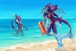 ambiguous_gender anthro beach clothing detailed_background duo female hair kneeling lifeguard long_hair male male/female one-piece_swimsuit red_clothing red_swimwear sea seaside shark_tail swimwear water wings dantewolfguy 3:2