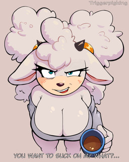 animal_ears anthro beverage big_butt biped blue_eyes blush blush_lines breasts butt clothed clothing container cup eyelashes female hair high-angle_view holding_object long_eyelashes looking_at_viewer pupils solo text thick_thighs white_body white_hair triggerpigart idw_publishing sega sonic_the_hedgehog_(comics) sonic_the_hedgehog_(idw) sonic_the_hedgehog_(series) lanolin_the_sheep_(sonic) bovid caprine mammal sheep absurd_res english_text hi_res