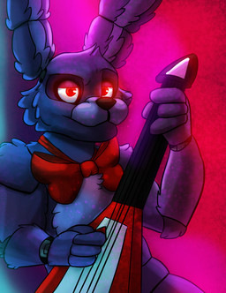 4_fingers anthro black_nose bow_tie chest_tuft electric_guitar fingers fur glowing glowing_eyes guitar head_tuft looking_at_viewer machine male musical_instrument plucked_string_instrument purple_body purple_fur purple_inner_ear red_eyes solo string_instrument tuft writtenstars87 five_nights_at_freddy's scottgames bonnie_(fnaf) animatronic lagomorph leporid mammal rabbit robot absurd_res hi_res