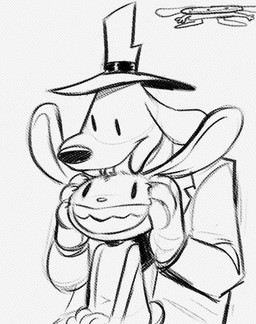 4_fingers anthro claws clothing duo fingers hand_on_head hat headgear headwear holding_head licking long_ears male male/male nude sharp_teeth smile suit tail teeth tongue bunnybuttz sam_and_max max_(sam_and_max) samuel_dog canid canine canis domestic_dog lagomorph leporid mammal rabbit monochrome