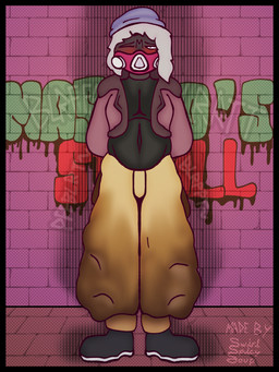 advertisement anthro beanie black_border black_clothing black_footwear black_shirt black_shoes black_topwear bloated blue_beanie blue_clothing blue_hat blue_headwear blush blushing_profusely border clothed clothed_male clothing drip_effect exhibitionism fart feces footwear graffiti graffiti_on_wall green_text hair hat headgear headwear jacket khakis male onomatopoeia pink_clothing pink_jacket pink_topwear red_text shirt shoes soiling soiling_bottomwear soiling_pants solo sound_effects stippling text topwear white_hair swirlspicysoup masako_(swirlspicysoup) mammal mephitid skunk 3:4 hi_res watermark