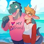 anthro beach bisexual_pride_colors blush bottomwear bovid brown_body caprine clothing crocodile crocodilian crocodylid duncan_(doginacafe) duo eddie_(doginacafe) eyewear glasses goat green_body heart_symbol heresvix hi_res lgbt_pride male mammal pink_tongue pride_color_flag pride_colors reptile scalie sweater tan_body teeth text text_on_clothing tongue topwear water
