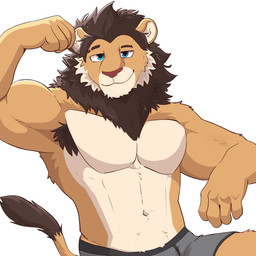 anthro armpit_tuft barazoku biceps biped blue_eyes bottomwear brown_body brown_fur clothed clothing feline_tail fingers fist flexing flexing_bicep front_view fur half-closed_eyes humanoid_hands looking_at_viewer male mane muscular muscular_anthro muscular_male narrowed_eyes navel pecs pose seductive shadow simple_background smile smirk smug solo tan_body tan_fur underwear underwear_only bezzeroo felid lion mammal pantherine 1:1 2025 half-length_portrait hi_res pinup portrait shaded