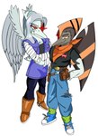 boots bottomwear clothed clothing cybernetic_eye cybernetics denim denim_bottomwear denim_clothing denim_skirt duo feathered_wings feathers female footwear glowing glowing_eyes grey_hair hair holster long_hair machine male orange_eyes scarf shoes short_hair simple_background skirt white_background wings loansharkmann cavemanon_studios dragon_ball dragon_ball_z goodbye_volcano_high snoot_game android_17 android_18 fang_(gvh) naser_(gvh) cyborg prehistoric_species pterodactylus pterosaur reptile scalie absurd_res hi_res