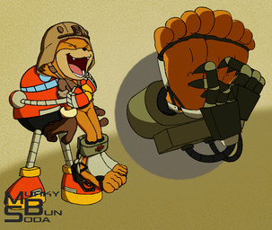 4_toes anthro armor black_nose brown_clothing brown_gloves brown_handwear clothing duo eyes_closed fangs feet fur gloves handwear headgear helmet laugh machine male open_mouth open_smile orange_body orange_fur plantigrade restrained smile soles teeth tickle_fetish tickle_torture tickling tickling_feet toes tongue wearing_helmet murkybunsoda sega sonic_the_hedgehog_(series) domestic_cat felid feline felis mammal robot