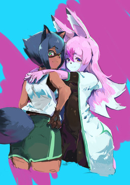 anthro black_hair blue_body blue_eyes blue_hair bottomwear brown_body brown_fur clothed clothing duo facial_markings female fluffy fluffy_tail fur gloves_(marking) hair head_markings long_hair looking_at_viewer markings mask_(marking) multicolored_body multicolored_fur multicolored_hair pink_body pink_fur pink_hair shorts tail topwear white_body white_fur tn_(artist) brand_new_animal studio_trigger michiru_kagemori nazuna_hiwatashi canid canine fox mammal raccoon_dog tanuki 2020 absurd_res hi_res