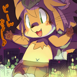 anthro attack city green_eyes kemono night open_mouth solo cotora canid canine fox mammal 1:1