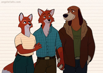 anthro anthrofied arm_around_waist belt bisexual black_eyebrows black_nose blue_bottomwear blue_clothing blue_jeans blue_pants blue_shirt blue_topwear bottomwear brown_body brown_bottomwear brown_clothing brown_coat brown_fur brown_pants brown_topwear clothed clothing coat denim denim_bottomwear denim_clothing eyebrows female floppy_ears fully_clothed fur green_clothing green_shirt green_topwear group hand_holding jeans male multicolored_body multicolored_fur orange_body orange_fur pants pattern_clothing pattern_shirt pattern_topwear plaid plaid_clothing plaid_shirt plaid_topwear polyamory shirt simple_background throuple topwear two_tone_body two_tone_fur whiskers white_body white_fur white_inner_ear angelofalls conditional_dnp disney the_fox_and_the_hound copper_(tfath) tod_(tfath) vixey_(tfath) canid canine canis domestic_dog fox hunting_dog mammal red_fox scent_hound true_fox 2021 absurd_res cel_shading digital_drawing_(artwork) digital_media_(artwork) hi_res shaded