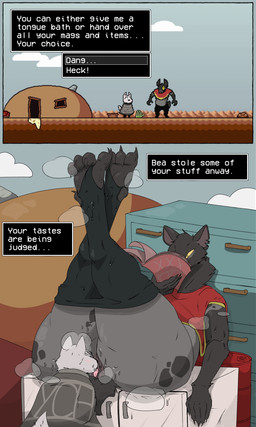 ambiguous/ambiguous ambiguous_gender anal anal_musk anthro anus big_butt bodily_fluids butt claws curling_toes desert duo feet female forced forced_rimming gameplay_mechanics legs_up musk musky_butt oral questionable_consent rimming sex size_difference stirrup_legwear sweat sweaty_butt text toe_claws crocuta_county dingaling_productions lisa_the_painful canid canine hyena mammal spotted_hyena absurd_res english_text hi_res