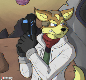 anthro blaster blue_eyes clothed clothing fur gun hair male orange_body orange_fur ranged_weapon tail topwear vhs_filter weapon ollieotty nintendo star_fox fox_mccloud canid canine fox mammal hi_res